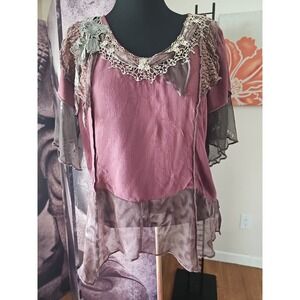 SPENCER ALEXIS Flowy Art to Wear Floral Embroidered Trim Y2K Blouse‎ Size 14